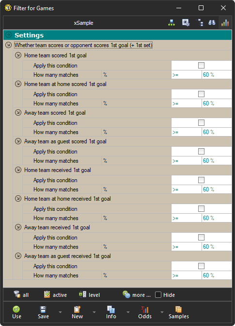 Filter / First goal of the match + First set of the match