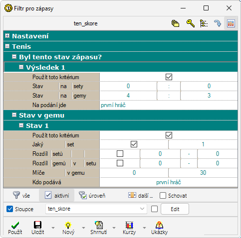 Analýza stavu tenisových zápasů pomocí filtru pro okno Nabídka